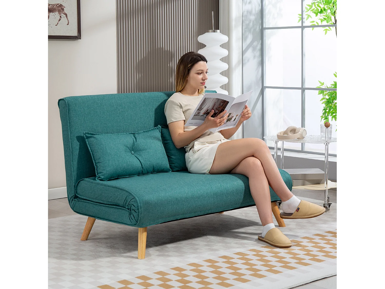 Baroma Tadi Linen Look Green 2 Seater Convertible Sofa Bed