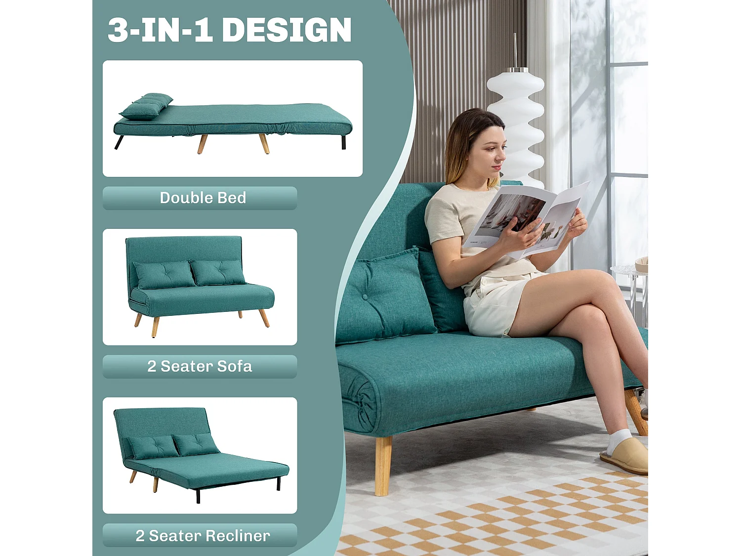 Baroma Tadi Linen Look Green 2 Seater Convertible Sofa Bed