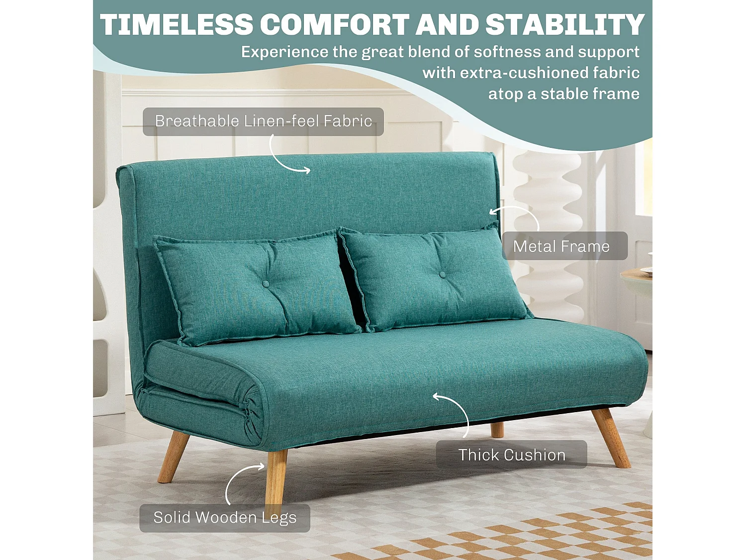 Baroma Tadi Linen Look Green 2 Seater Convertible Sofa Bed