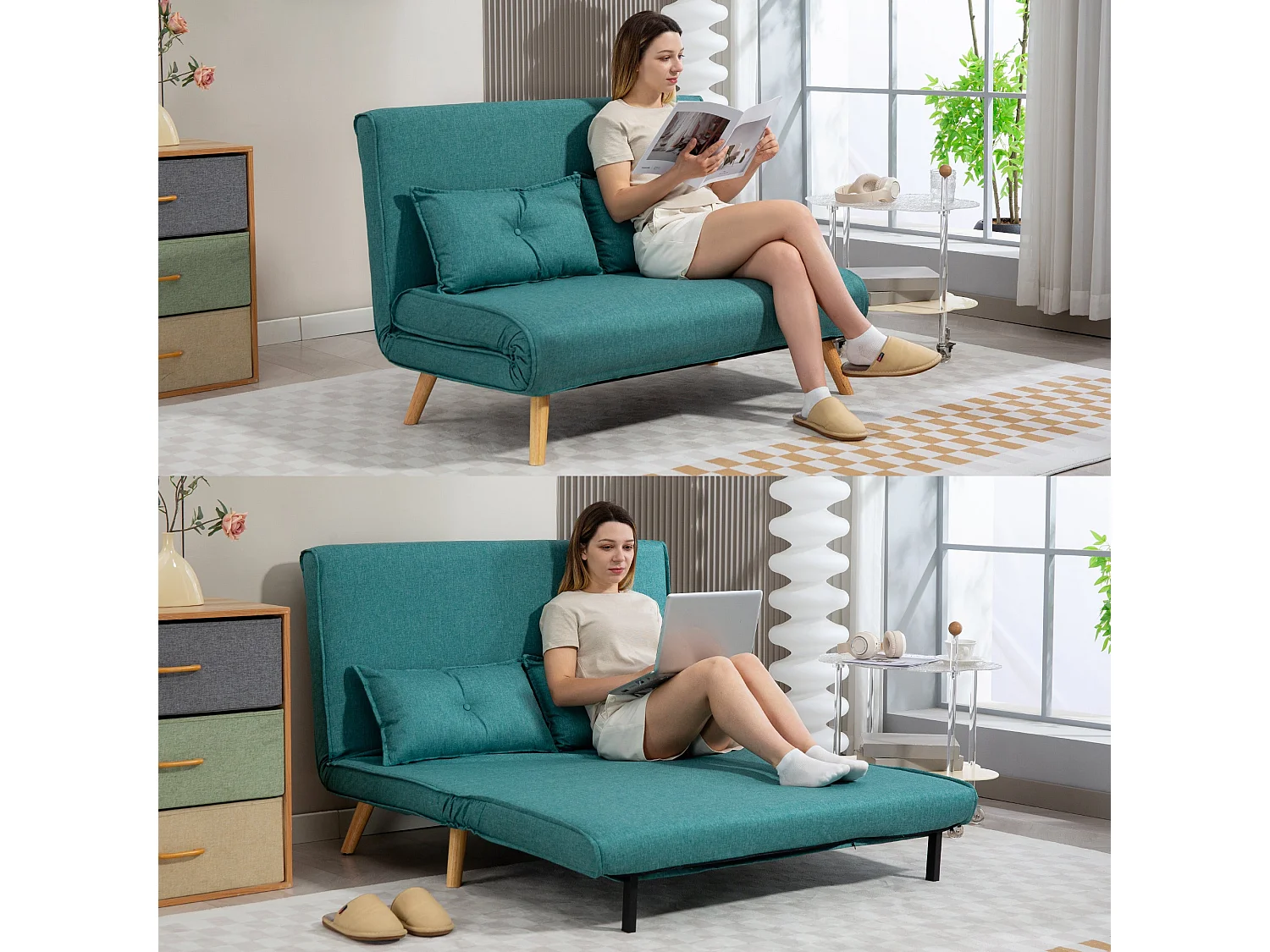 Baroma Tadi Linen Look Green 2 Seater Convertible Sofa Bed