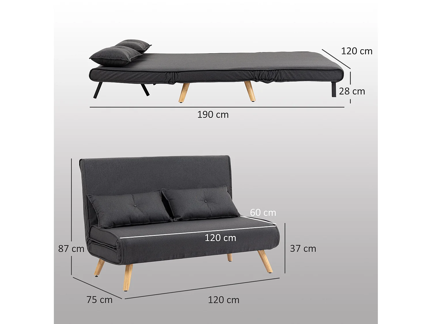 Faroco Linen Look Charcoal Grey 2 Seater Sofa Bed