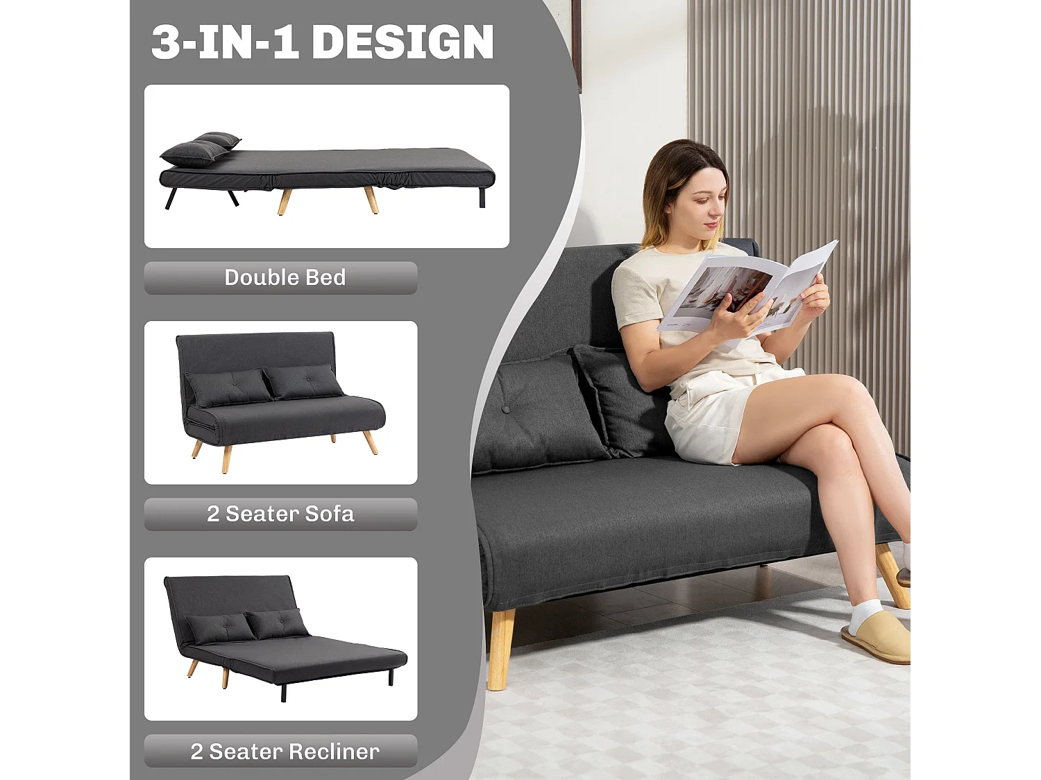 Faroco Linen Look Charcoal Grey 2 Seater Sofa Bed