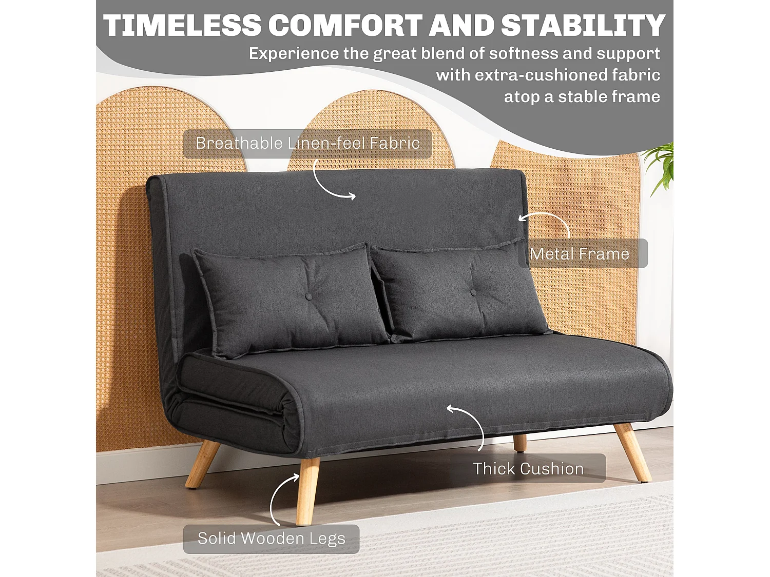 Faroco Linen Look Charcoal Grey 2 Seater Sofa Bed