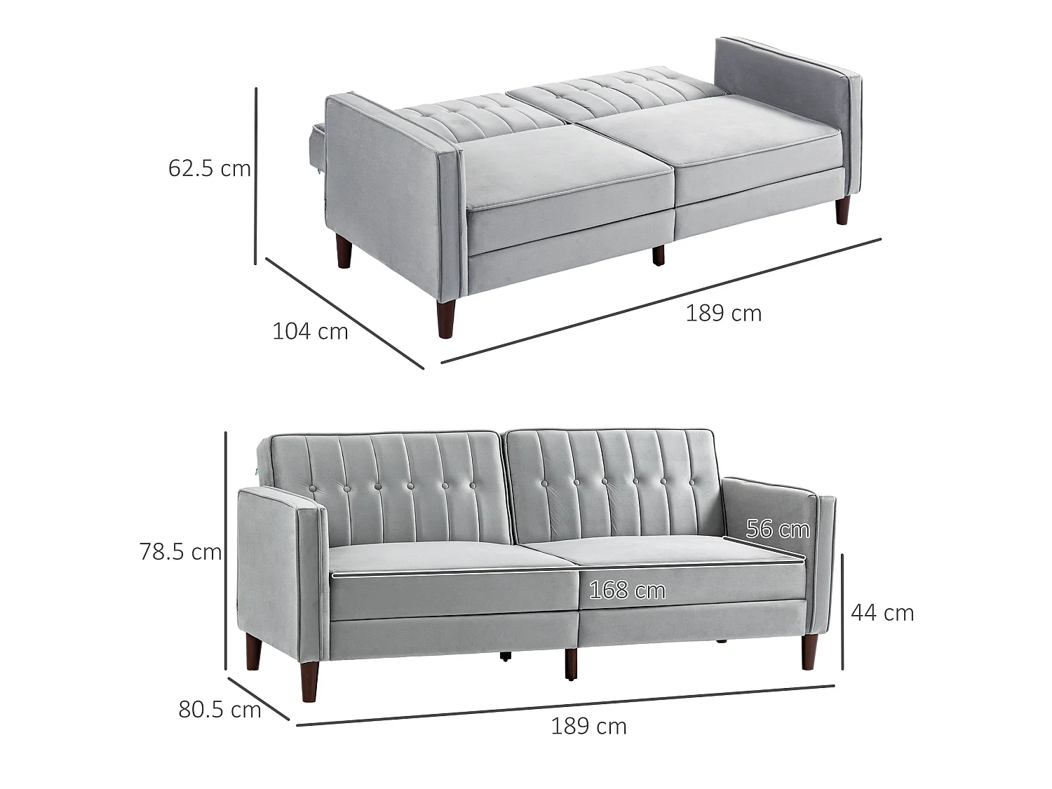 Sasari 3 Seater Convertible Velvet Finish Sofa Bed Light Grey