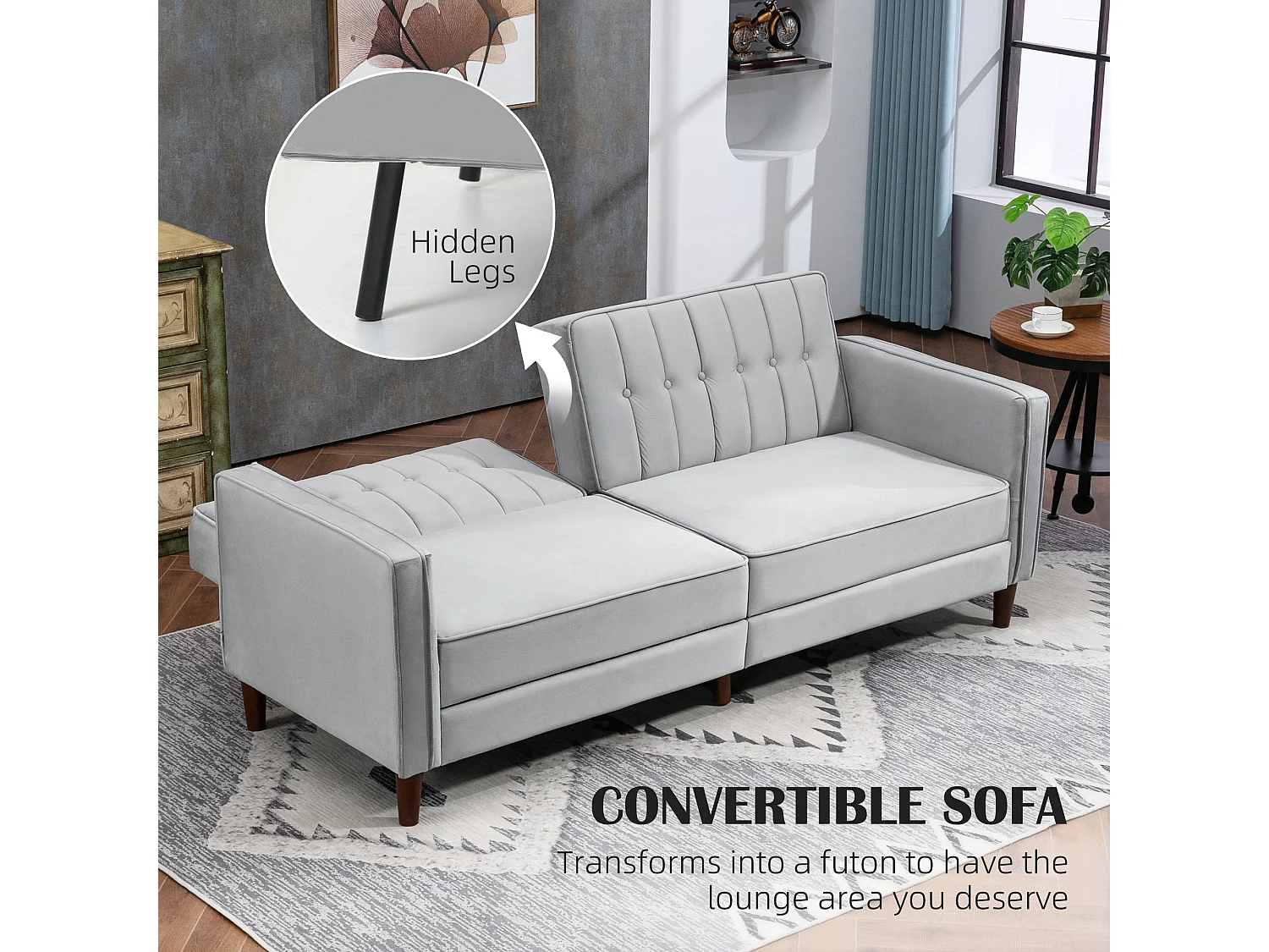 Sasari 3 Seater Convertible Velvet Finish Sofa Bed Light Grey