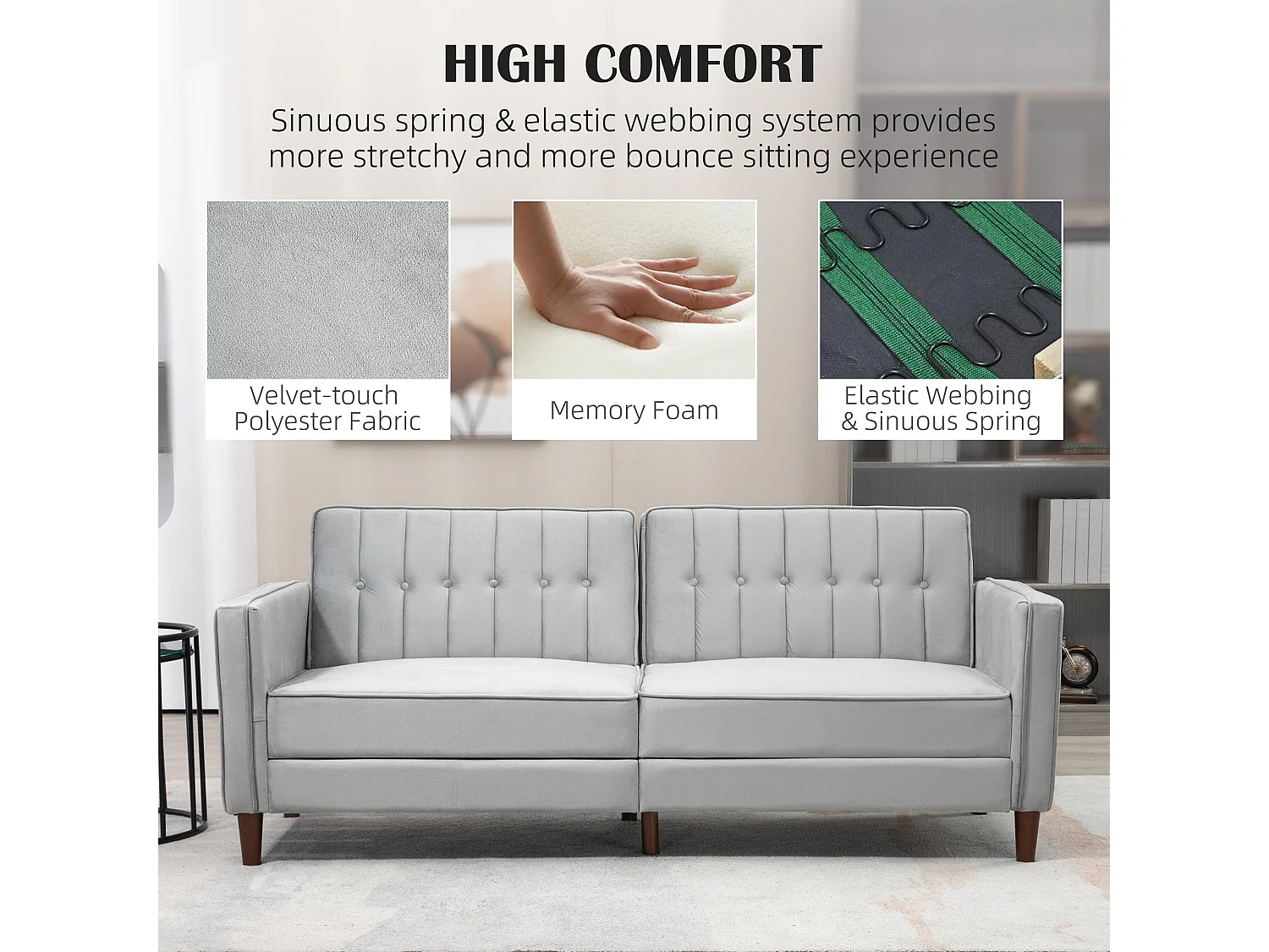 Sasari 3 Seater Convertible Velvet Finish Sofa Bed Light Grey