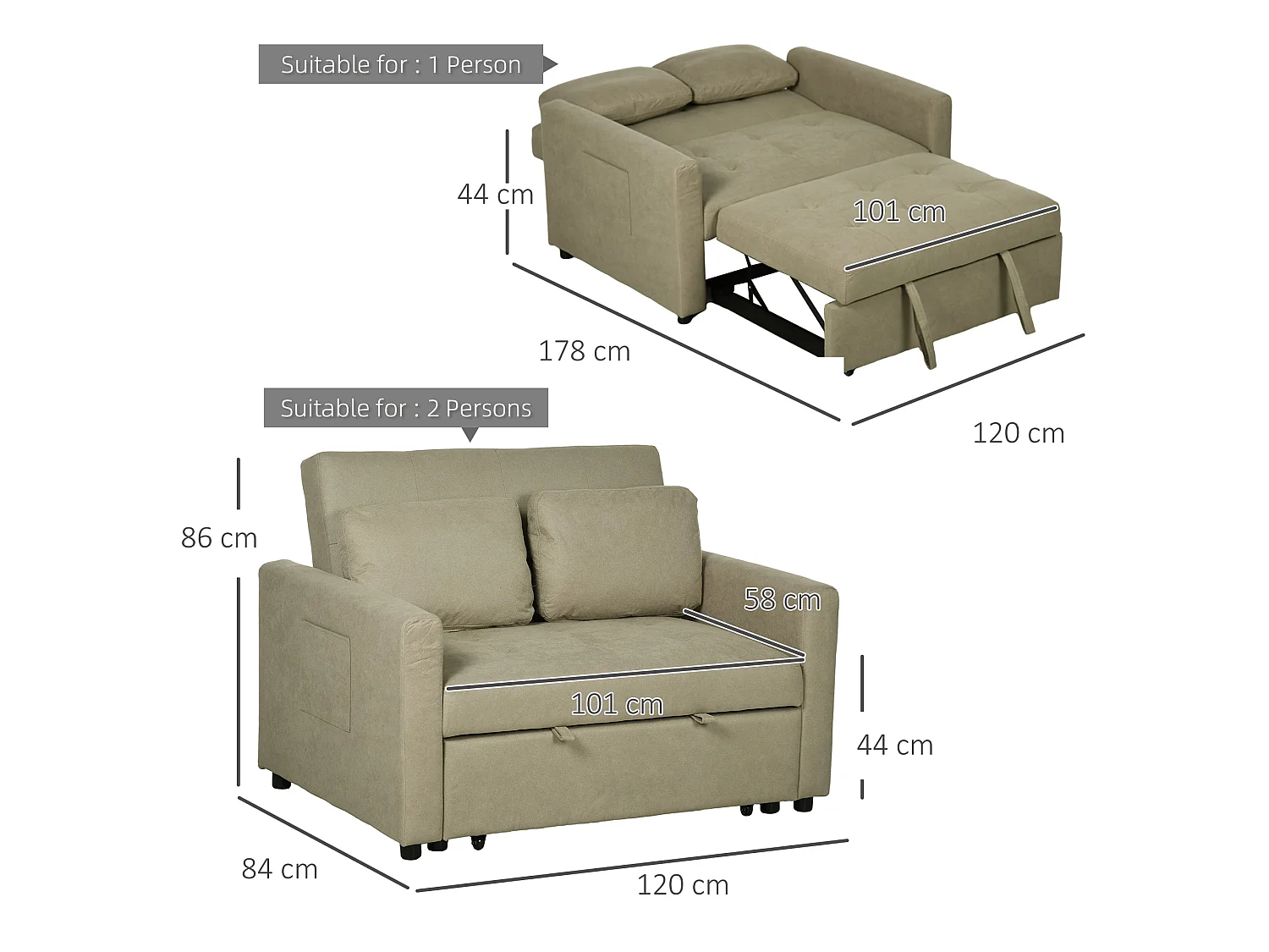Venido Loni Light Brown 2 Seater Sofa Bed Snow Flannel Adjustable Backrest Side Pockets Removable Cushion Covers