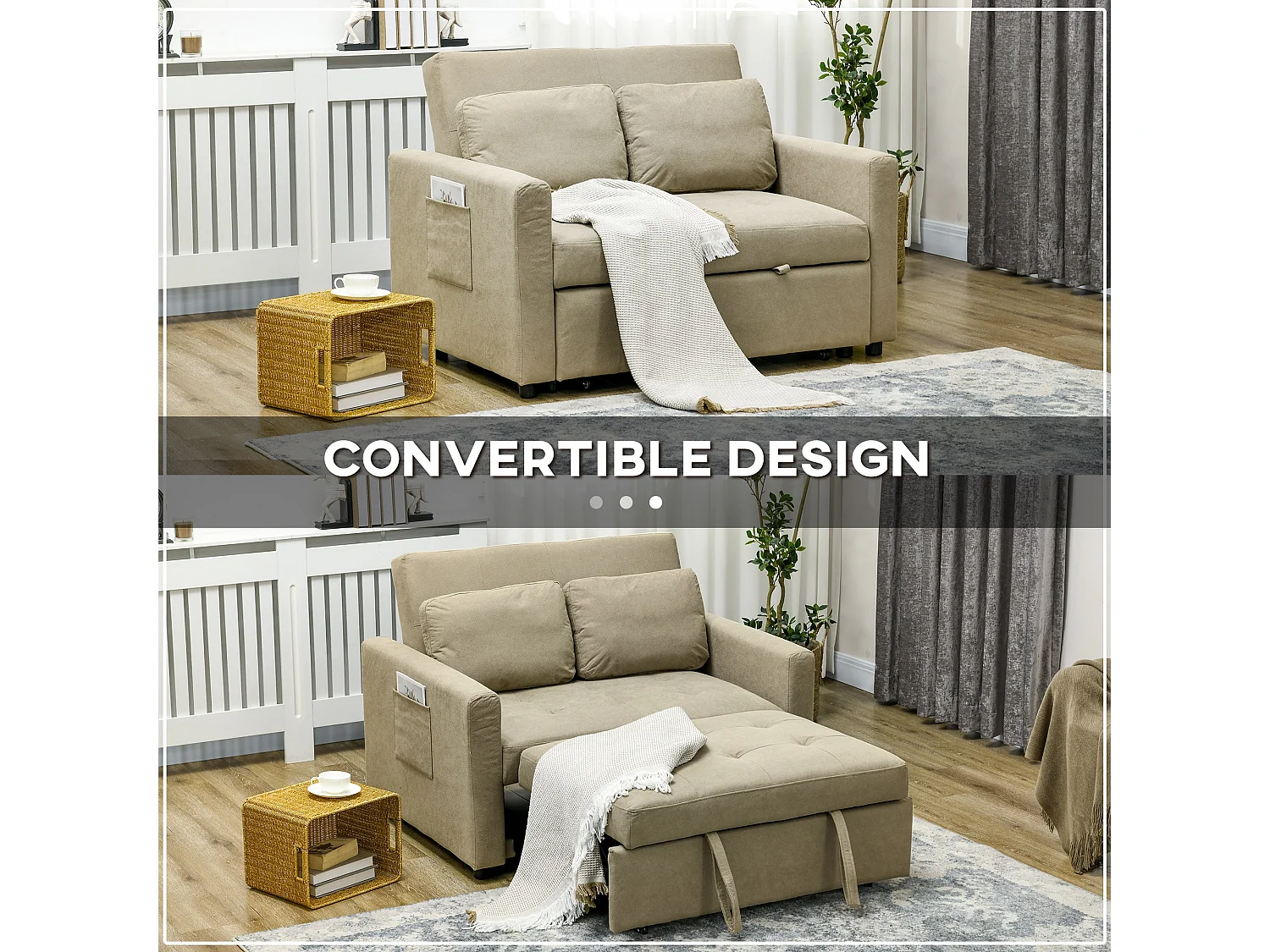 Venido Loni Light Brown 2 Seater Sofa Bed Snow Flannel Adjustable Backrest Side Pockets Removable Cushion Covers