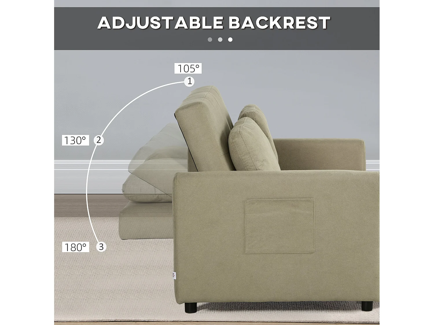 Venido Loni Light Brown 2 Seater Sofa Bed Snow Flannel Adjustable Backrest Side Pockets Removable Cushion Covers