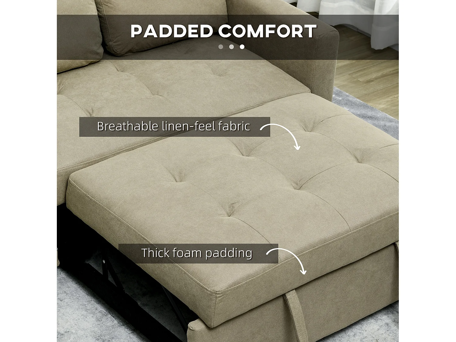 Venido Loni Light Brown 2 Seater Sofa Bed Snow Flannel Adjustable Backrest Side Pockets Removable Cushion Covers