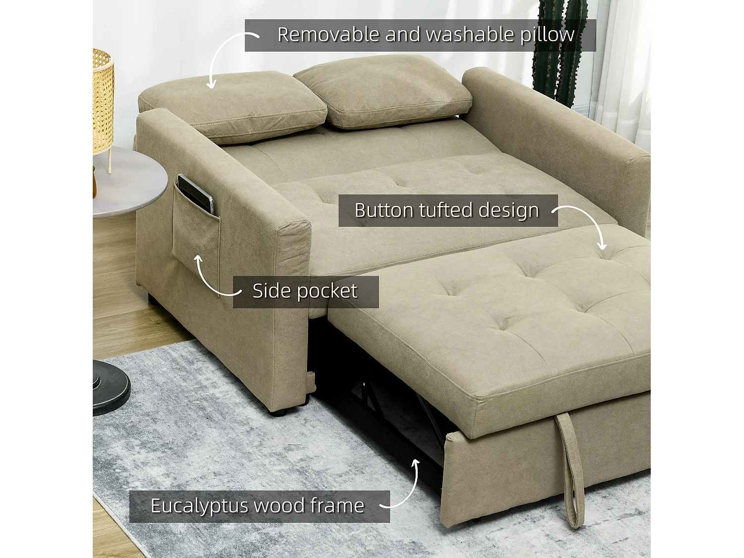 Venido Loni Light Brown 2 Seater Sofa Bed Snow Flannel Adjustable Backrest Side Pockets Removable Cushion Covers