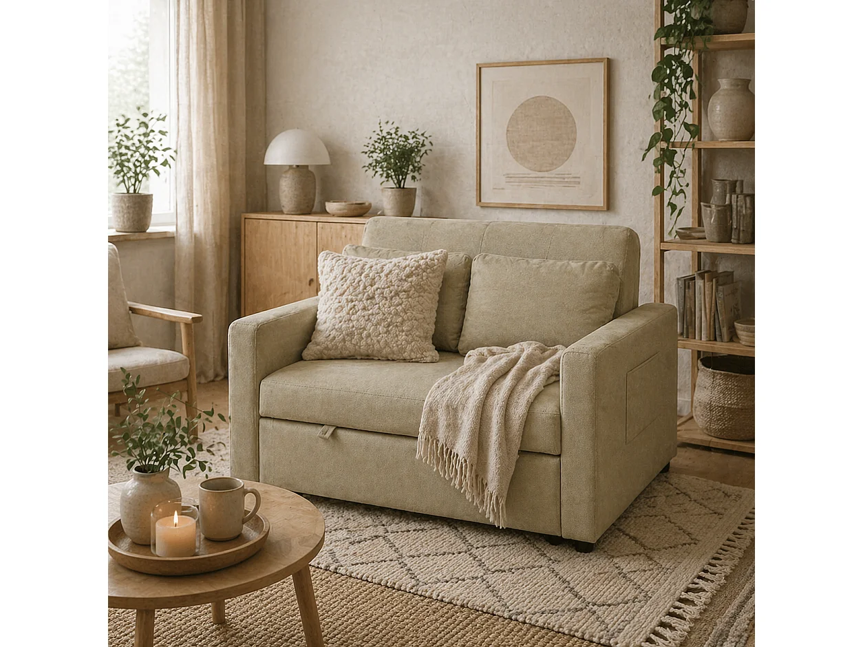 Venido Loni Light Brown 2 Seater Sofa Bed Snow Flannel Adjustable Backrest Side Pockets Removable Cushion Covers