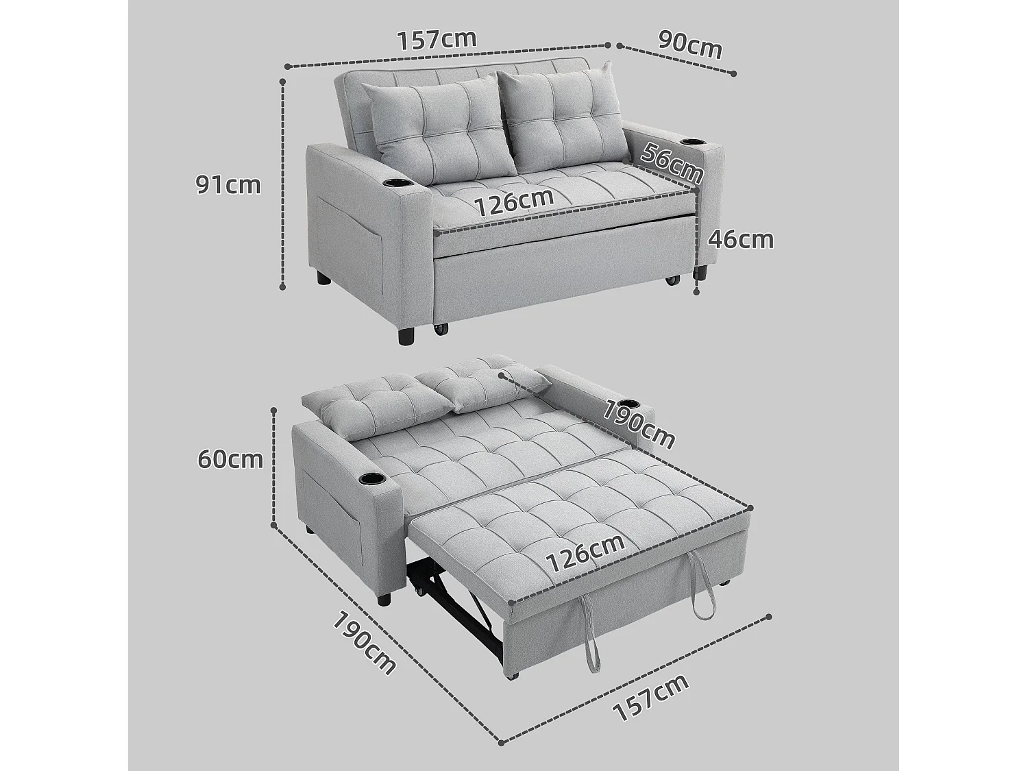 Kahani Razi Light Grey 2 Seater Pull Out Sofa Bed Linen Look Upholstery