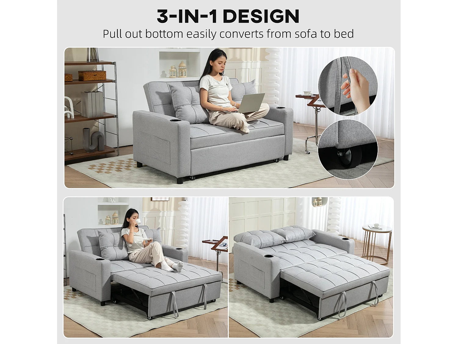 Kahani Razi Light Grey 2 Seater Pull Out Sofa Bed Linen Look Upholstery