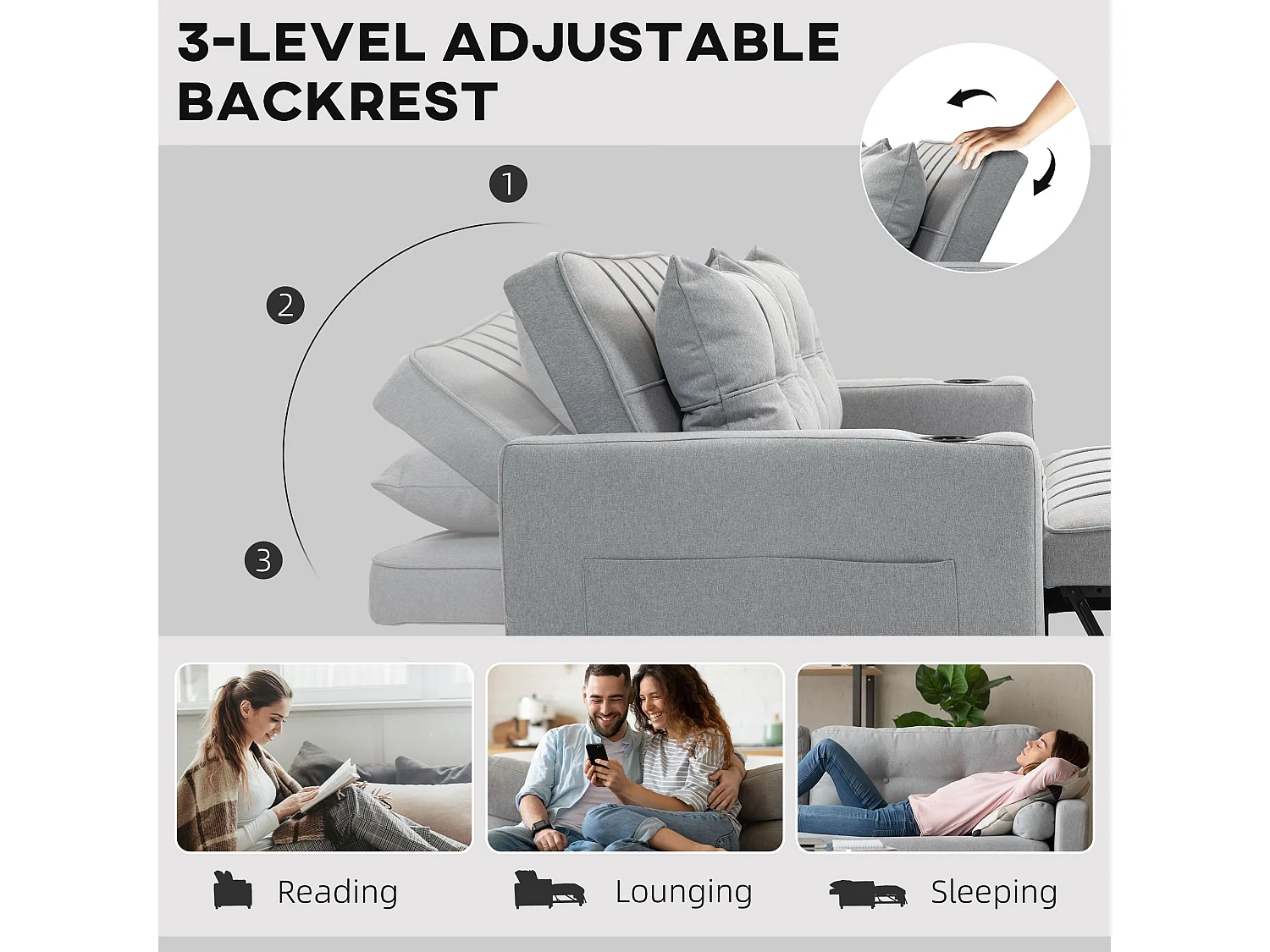 Kahani Razi Light Grey 2 Seater Pull Out Sofa Bed Linen Look Upholstery