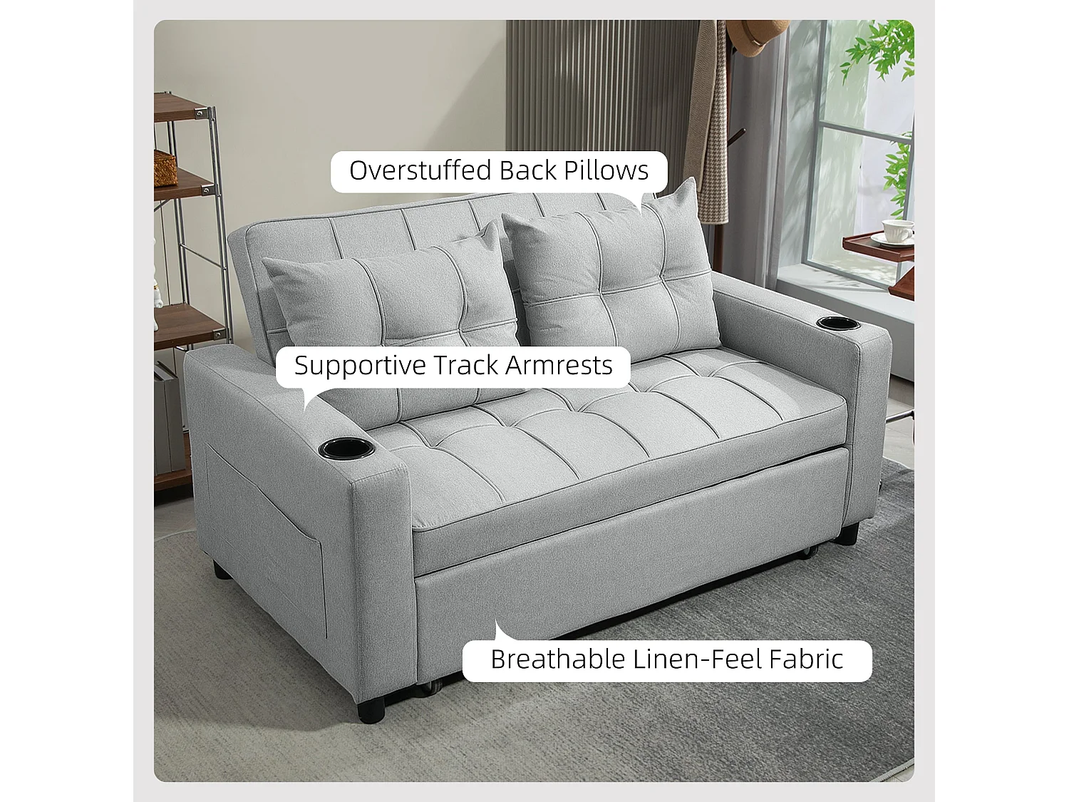 Kahani Razi Light Grey 2 Seater Pull Out Sofa Bed Linen Look Upholstery
