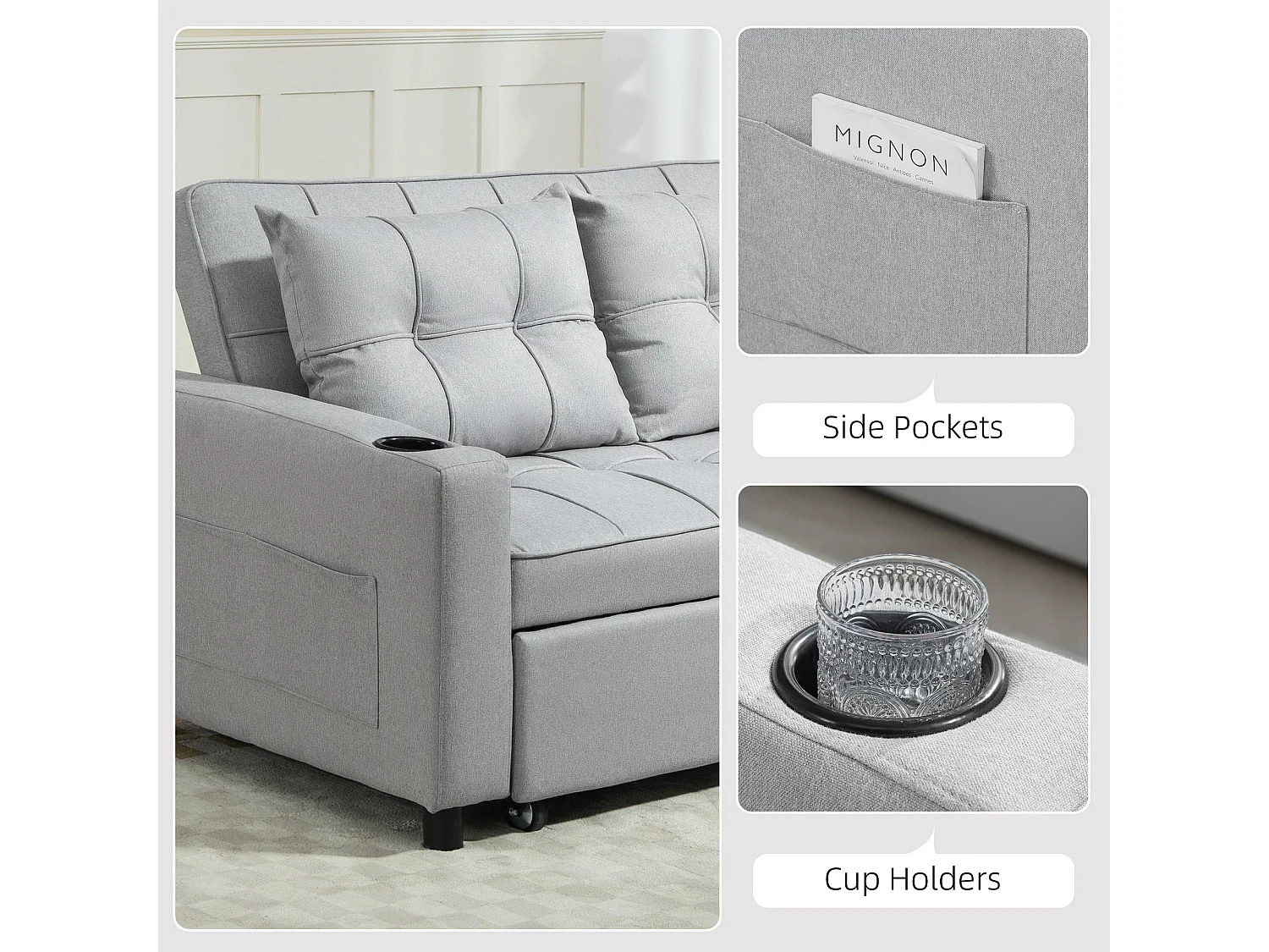 Kahani Razi Light Grey 2 Seater Pull Out Sofa Bed Linen Look Upholstery