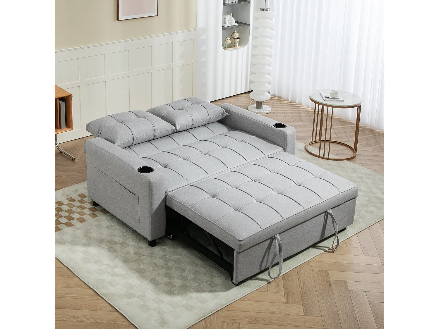 Kahani Razi Light Grey 2 Seater Pull Out Sofa Bed Linen Look Upholstery