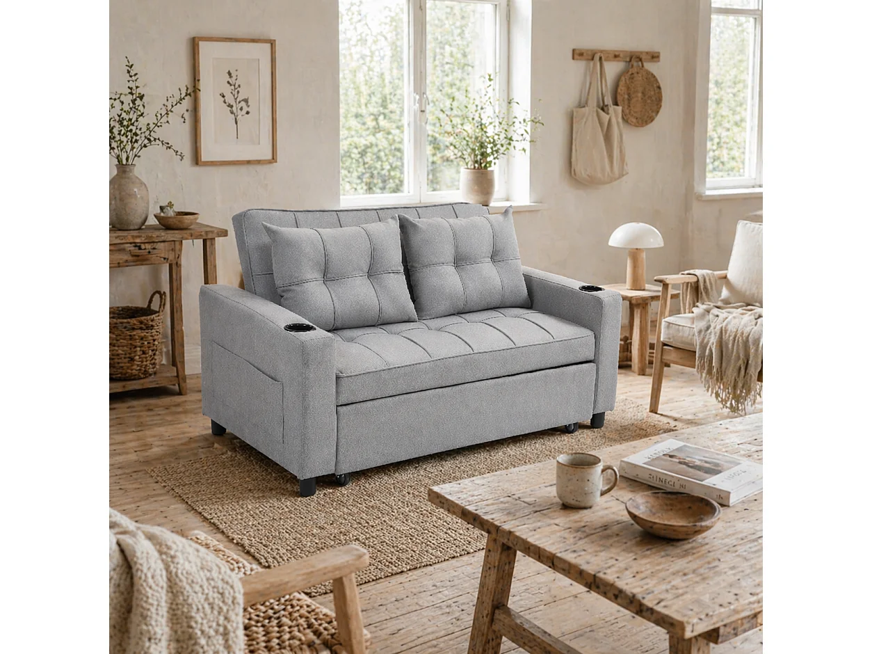 Kahani Razi Light Grey 2 Seater Pull Out Sofa Bed Linen Look Upholstery