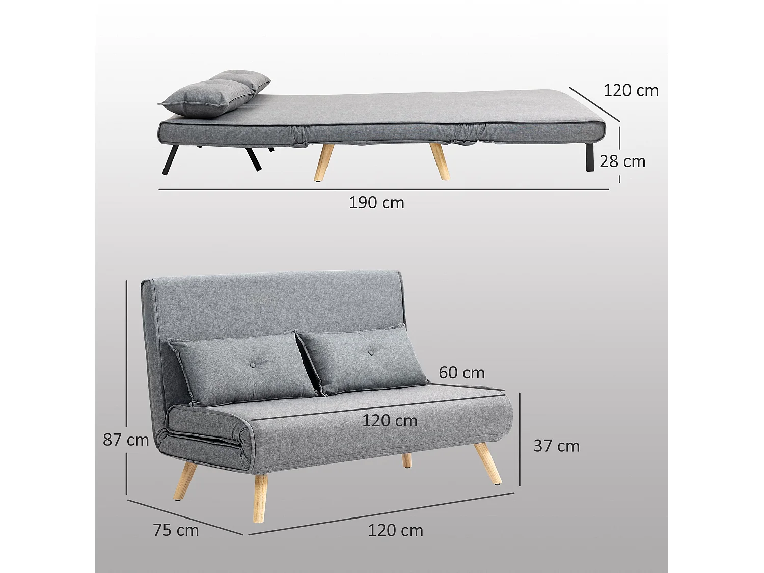 Maba Linen Look Grey 2 Seater Sofa Bed Click Clack 5 Position Backrest