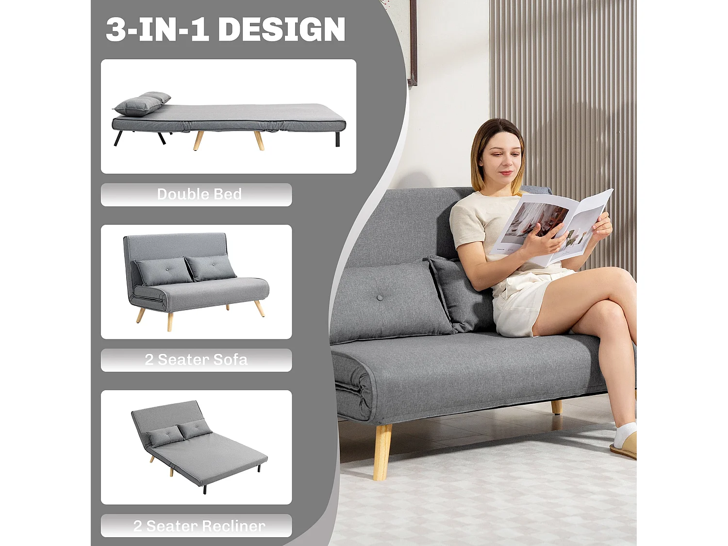 Maba Linen Look Grey 2 Seater Sofa Bed Click Clack 5 Position Backrest