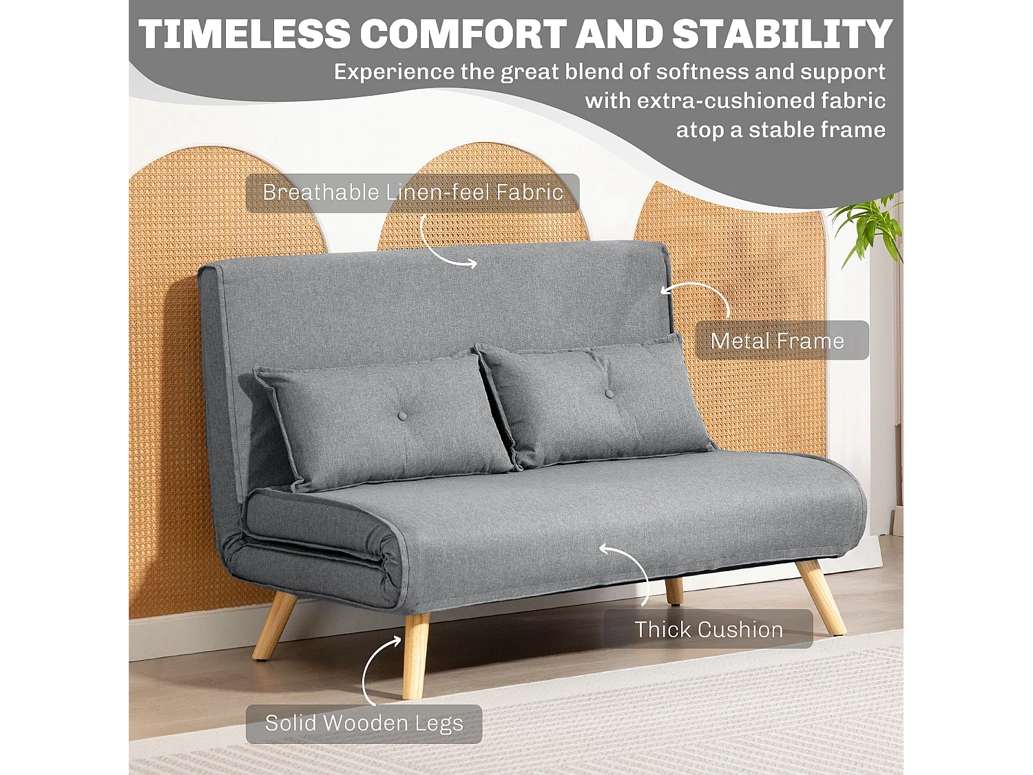 Maba Linen Look Grey 2 Seater Sofa Bed Click Clack 5 Position Backrest