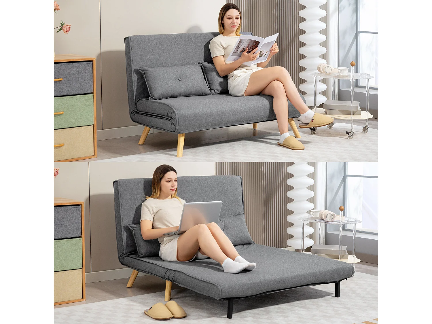 Maba Linen Look Grey 2 Seater Sofa Bed Click Clack 5 Position Backrest