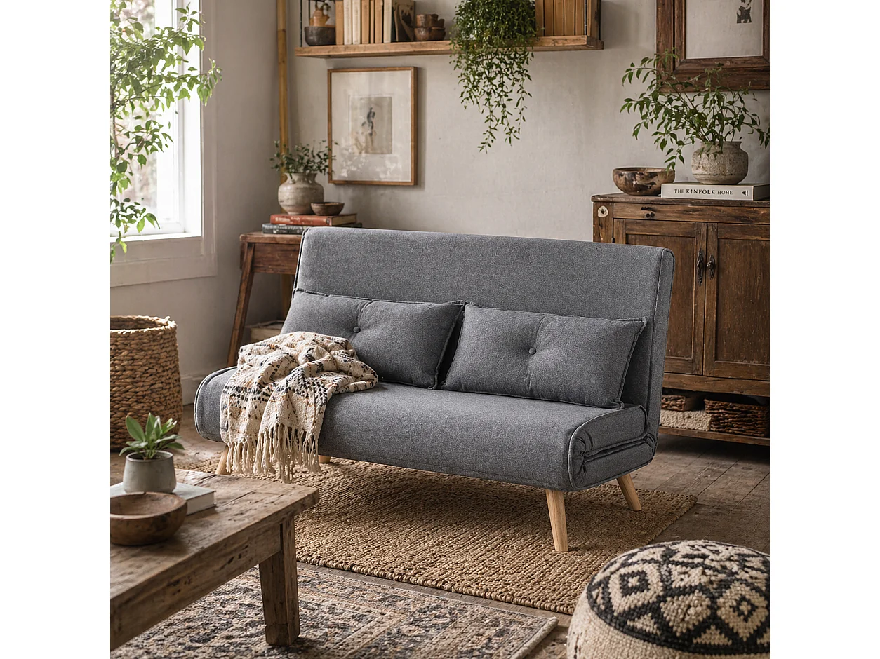 Maba Linen Look Grey 2 Seater Sofa Bed Click Clack 5 Position Backrest