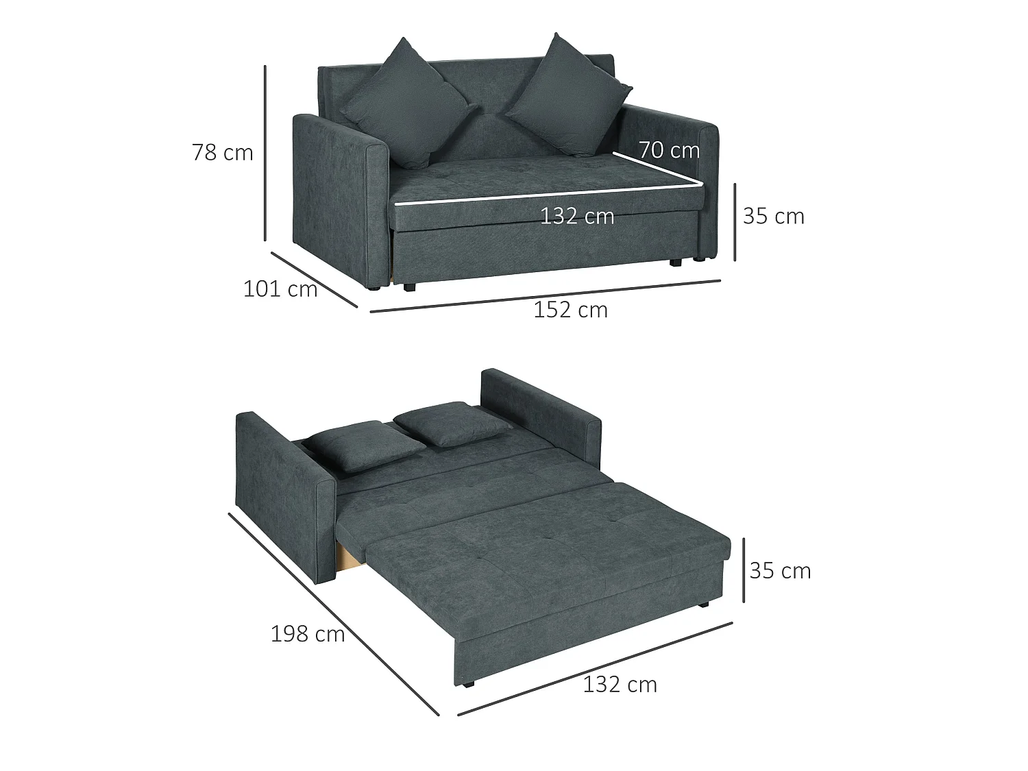 Takala Nele Dark Grey 2 Seater Sofa Bed Snow Flannel Hidden Storage Cushions