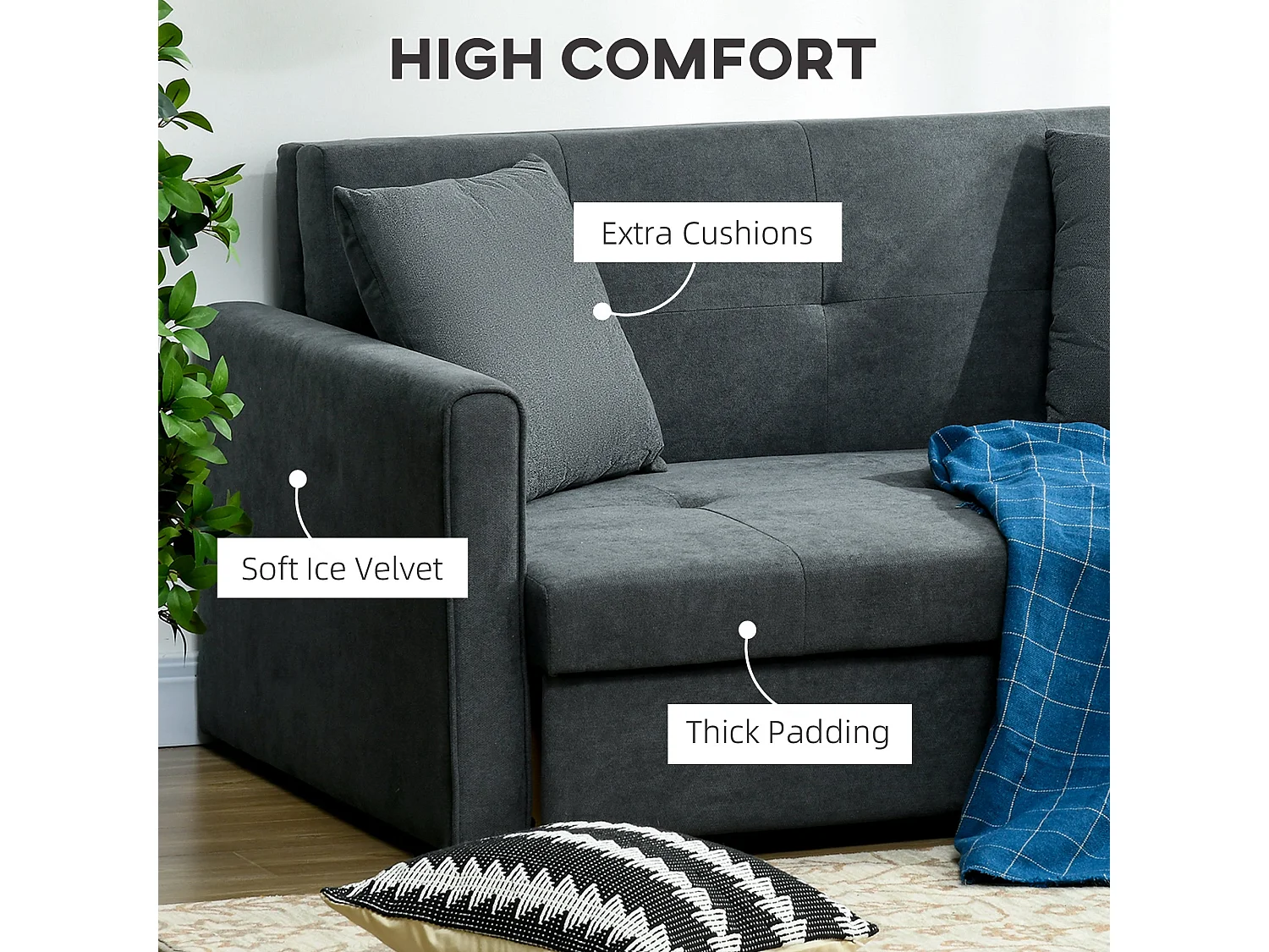 Takala Nele Dark Grey 2 Seater Sofa Bed Snow Flannel Hidden Storage Cushions