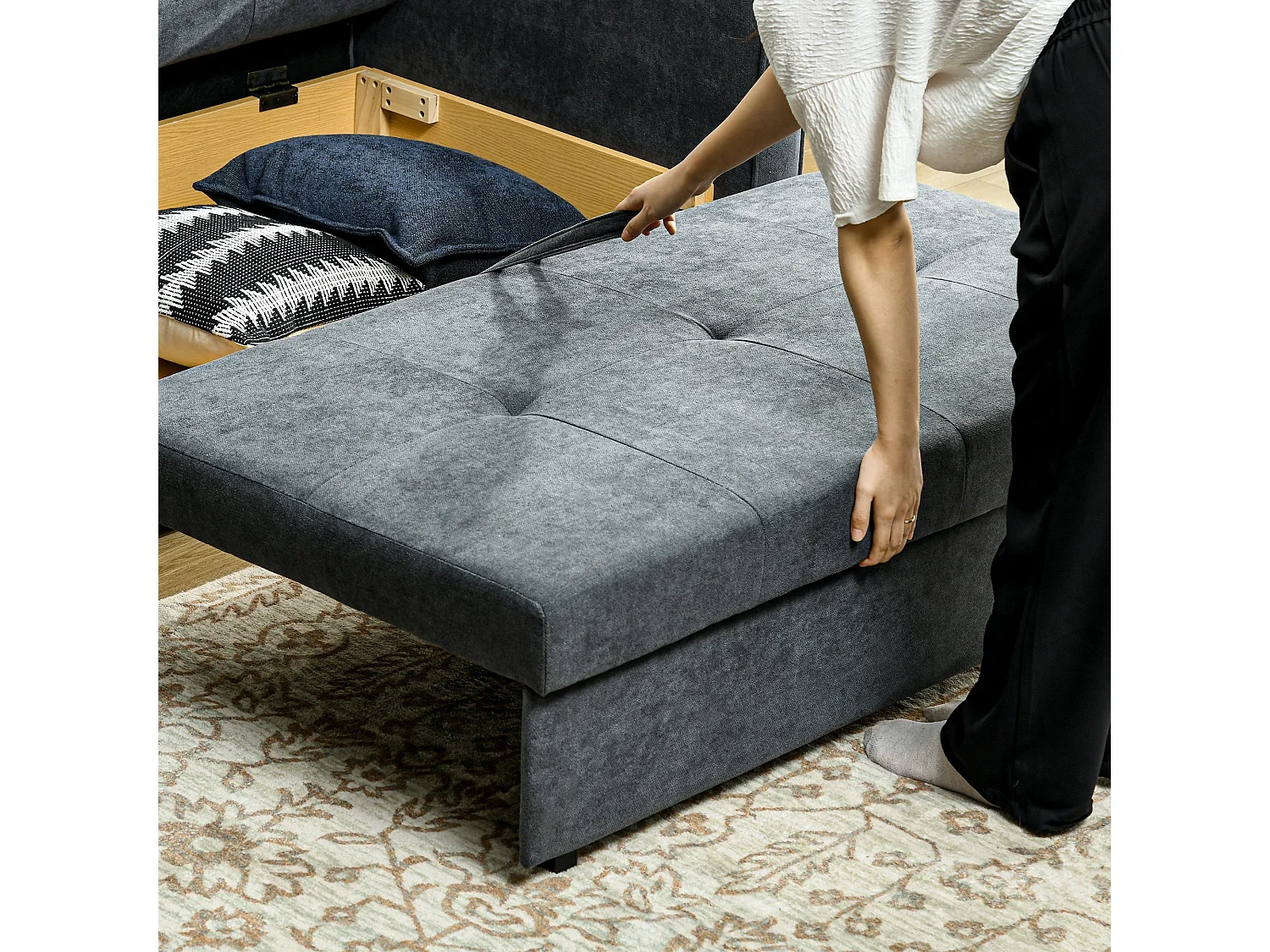 Takala Nele Dark Grey 2 Seater Sofa Bed Snow Flannel Hidden Storage Cushions