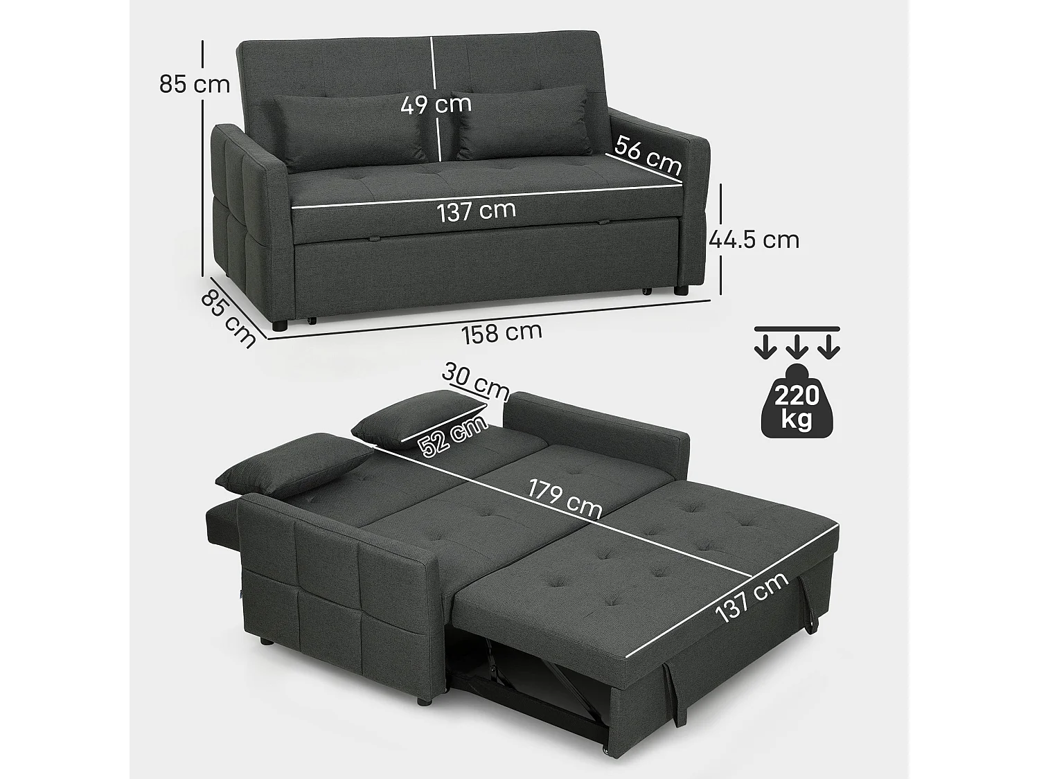 Lula 2 Seater 3 Way Convertible Sofa Bed Dark Grey Linen Look Fabric