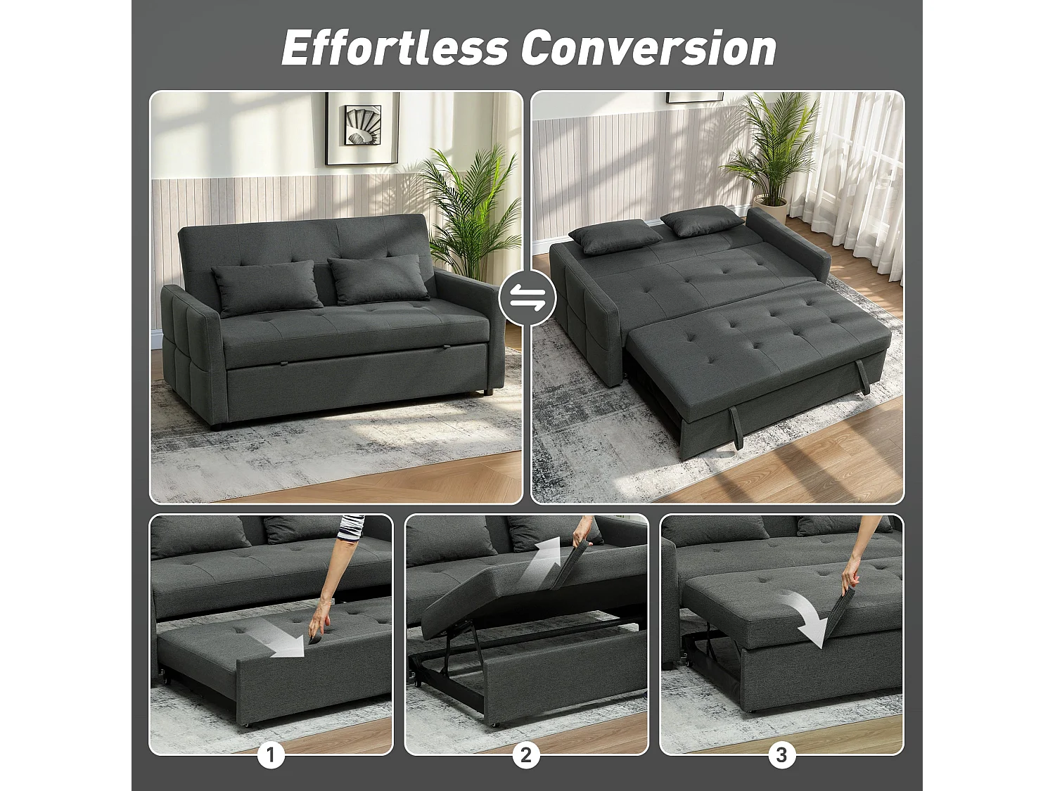 Lula 2 Seater 3 Way Convertible Sofa Bed Dark Grey Linen Look Fabric