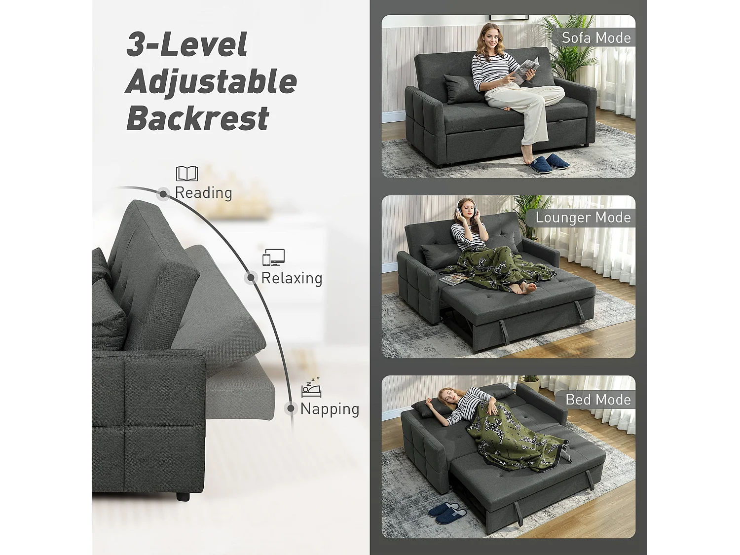 Lula 2 Seater 3 Way Convertible Sofa Bed Dark Grey Linen Look Fabric