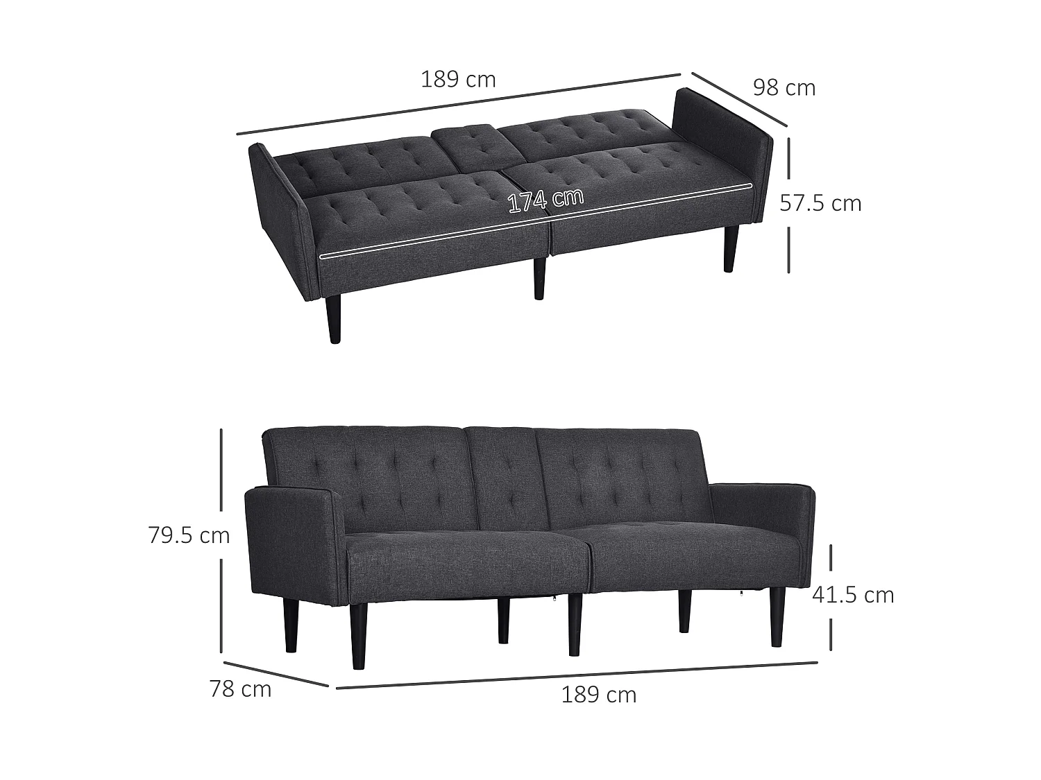 Nissa Grey 3 Seater Sofa Bed Linen Look Split Adjustable Back Cupholders