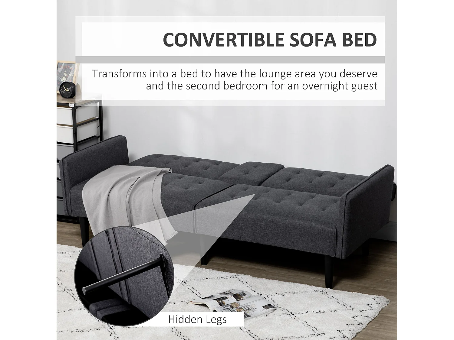 Nissa Grey 3 Seater Sofa Bed Linen Look Split Adjustable Back Cupholders