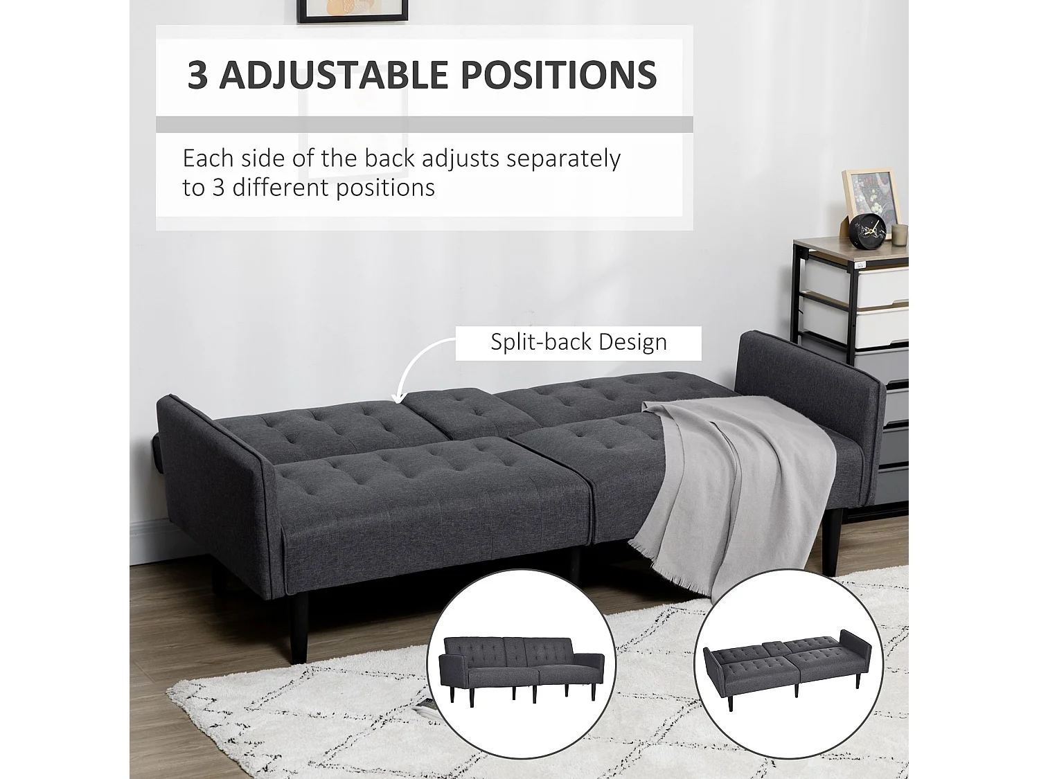 Nissa Grey 3 Seater Sofa Bed Linen Look Split Adjustable Back Cupholders