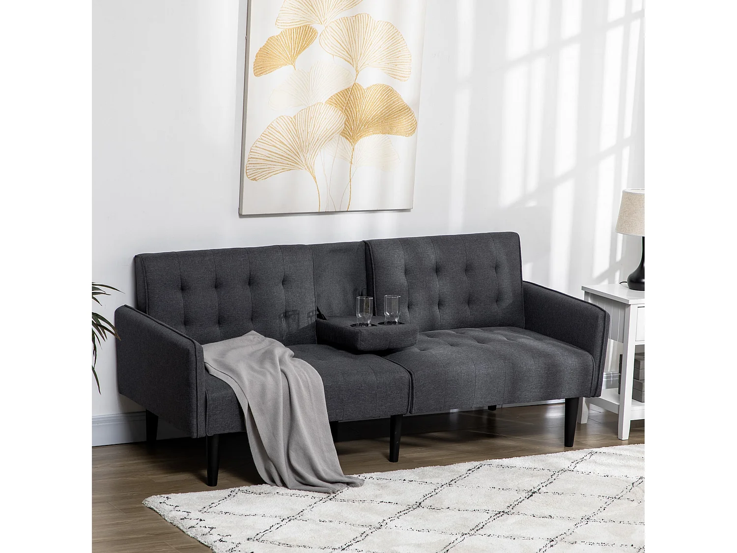 Nissa Grey 3 Seater Sofa Bed Linen Look Split Adjustable Back Cupholders