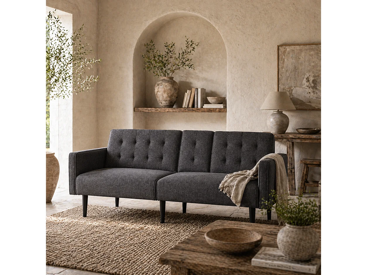 Nissa Grey 3 Seater Sofa Bed Linen Look Split Adjustable Back Cupholders