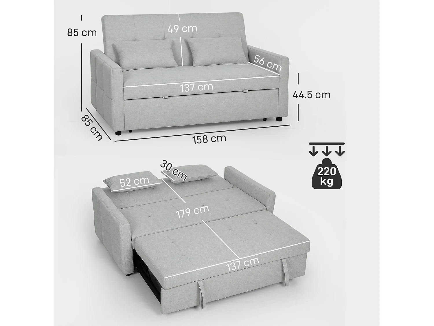 Fapa Light Grey 3 Way Convertible 2 Seater Sofa Bed