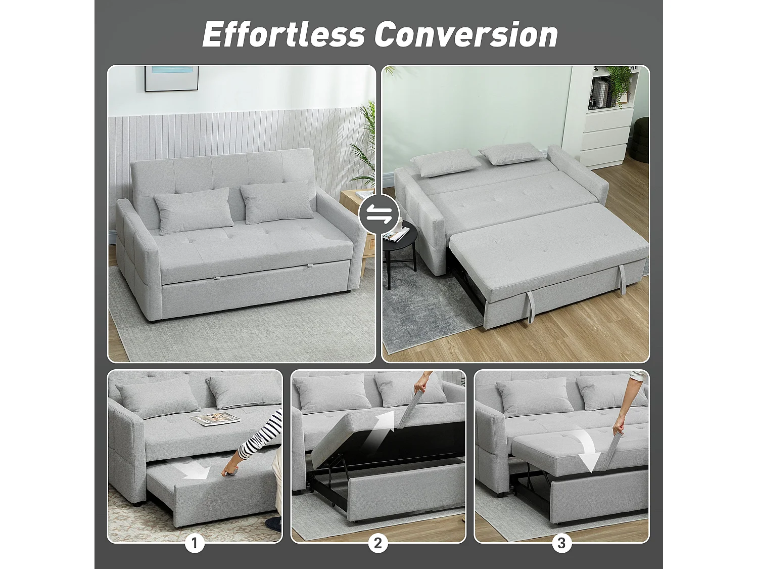 Fapa Light Grey 3 Way Convertible 2 Seater Sofa Bed