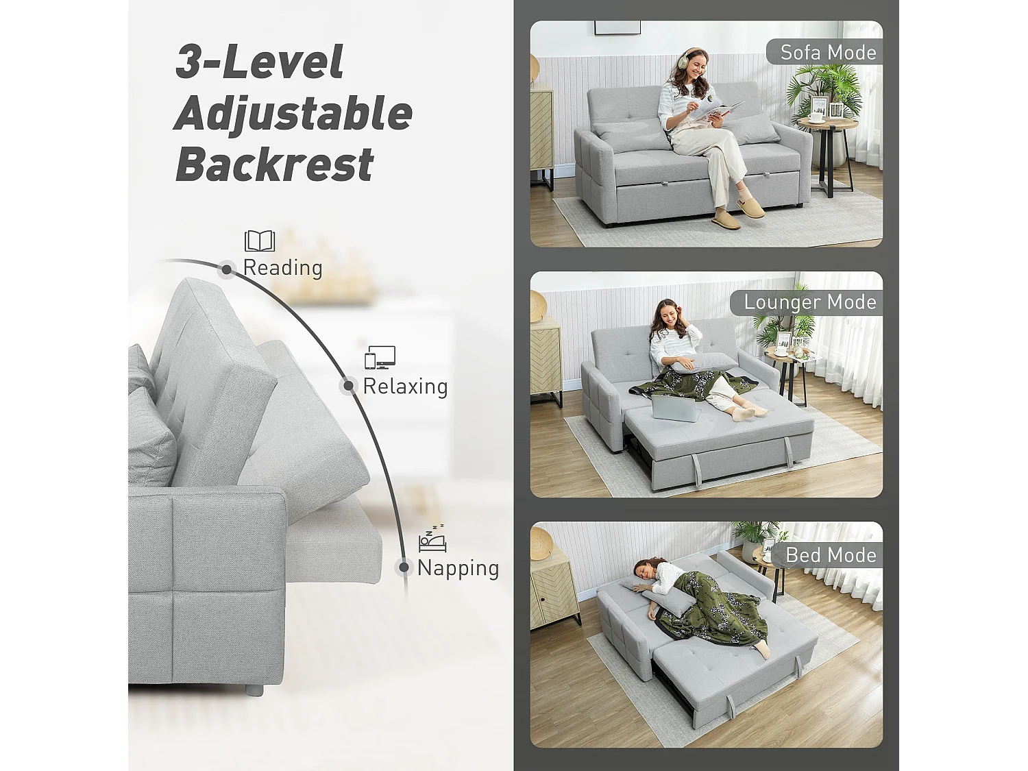 Fapa Light Grey 3 Way Convertible 2 Seater Sofa Bed