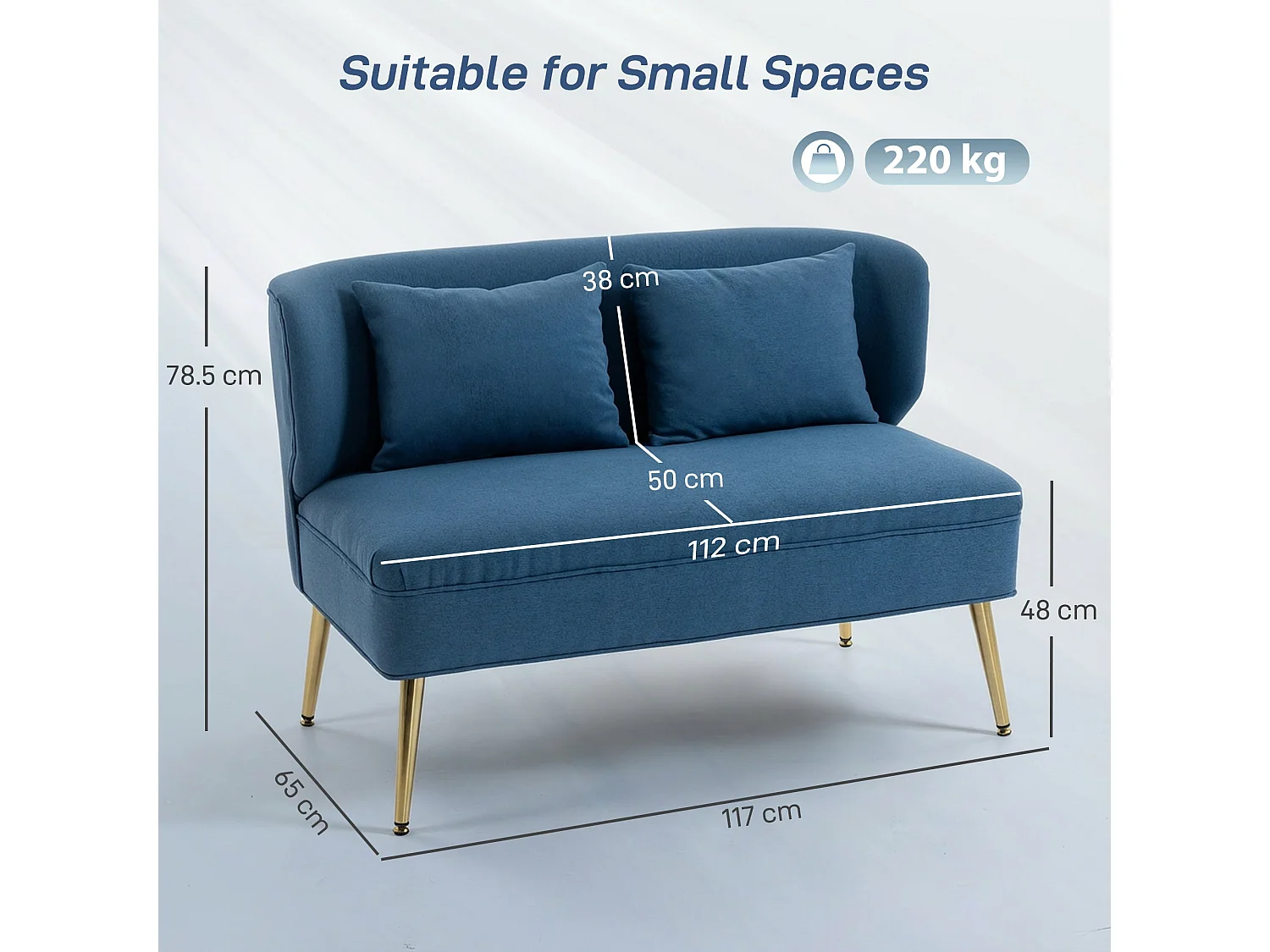 Taco Linen Look Dark Blue 2 Seater Sofa Wingback Design Gold Tone Metal Legs