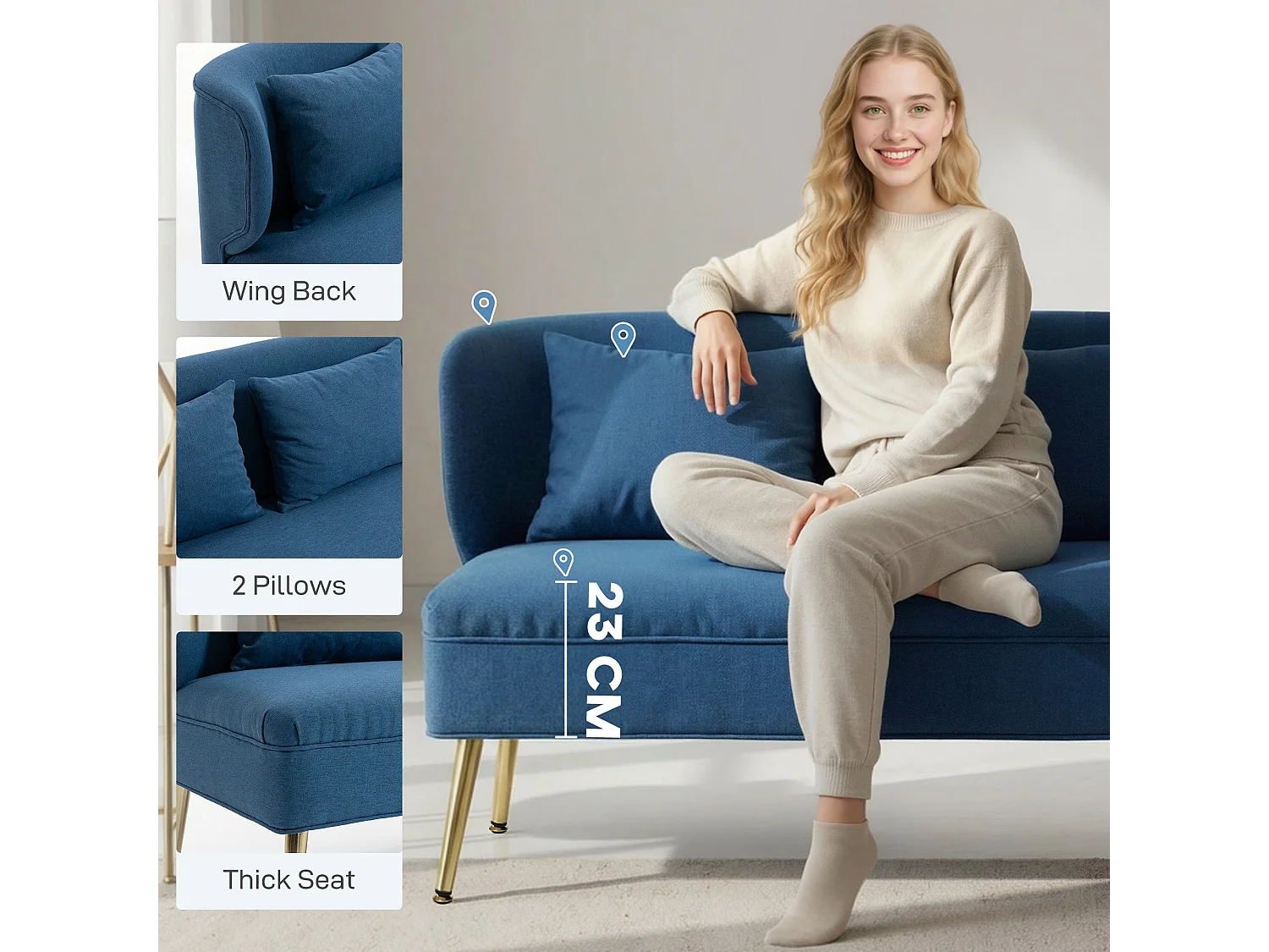 Taco Linen Look Dark Blue 2 Seater Sofa Wingback Design Gold Tone Metal Legs