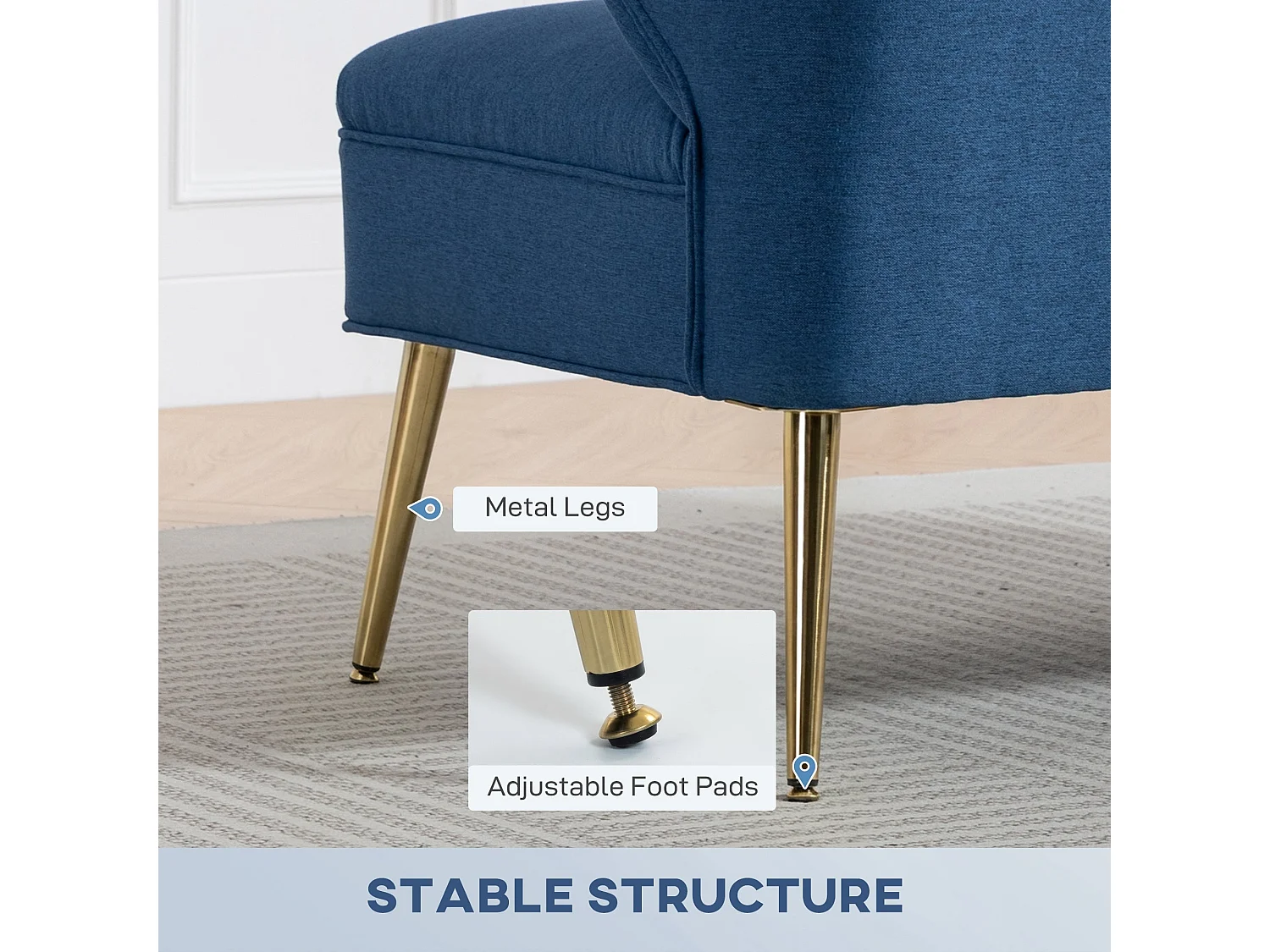 Taco Linen Look Dark Blue 2 Seater Sofa Wingback Design Gold Tone Metal Legs