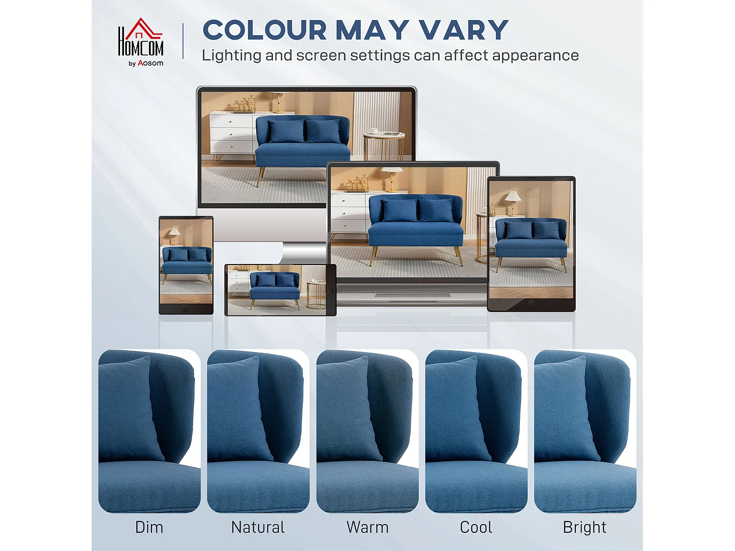 Taco Linen Look Dark Blue 2 Seater Sofa Wingback Design Gold Tone Metal Legs