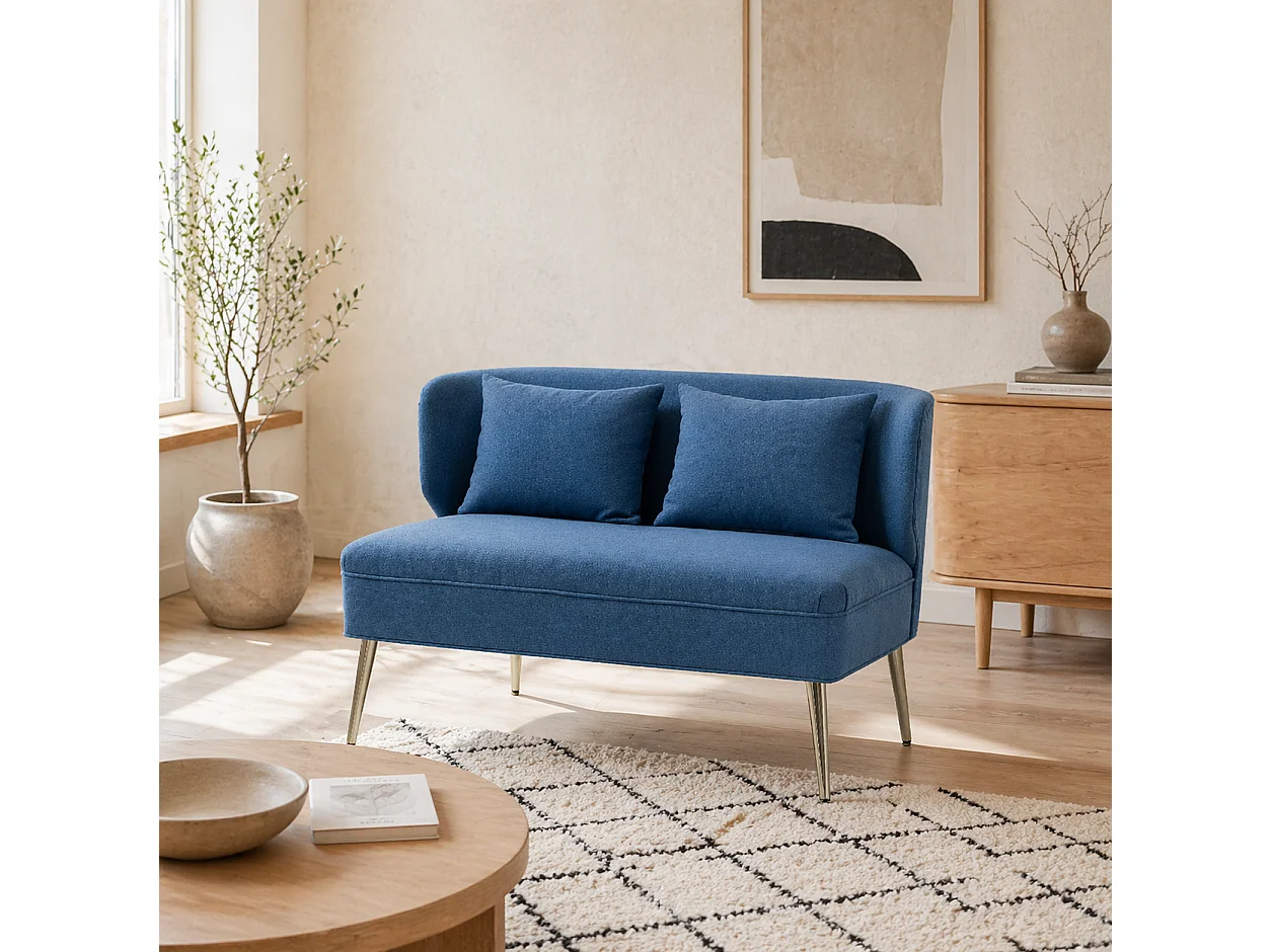 Taco Linen Look Dark Blue 2 Seater Sofa Wingback Design Gold Tone Metal Legs