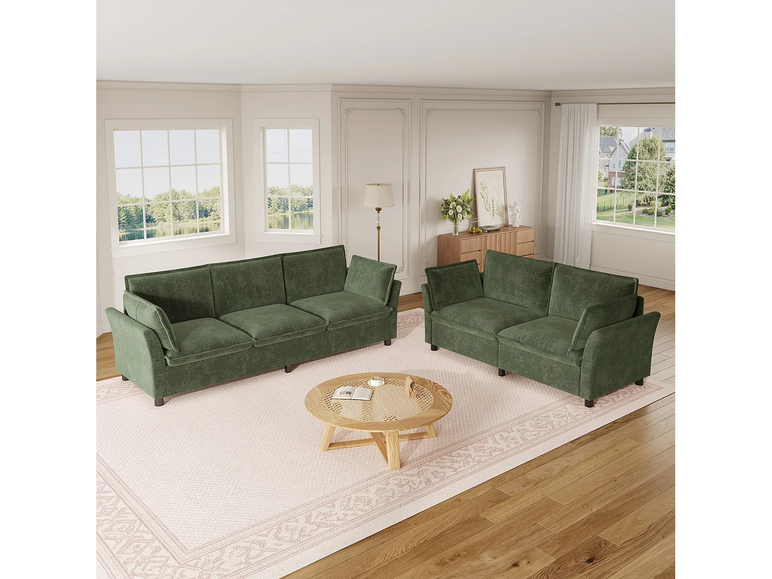 Ensemble Canapé 3+2 Modulaire "Effet Nuage" en Tissu Chenille, Canapé 3 Places et 2 Places Ergonomique, Style Moderne - Vert