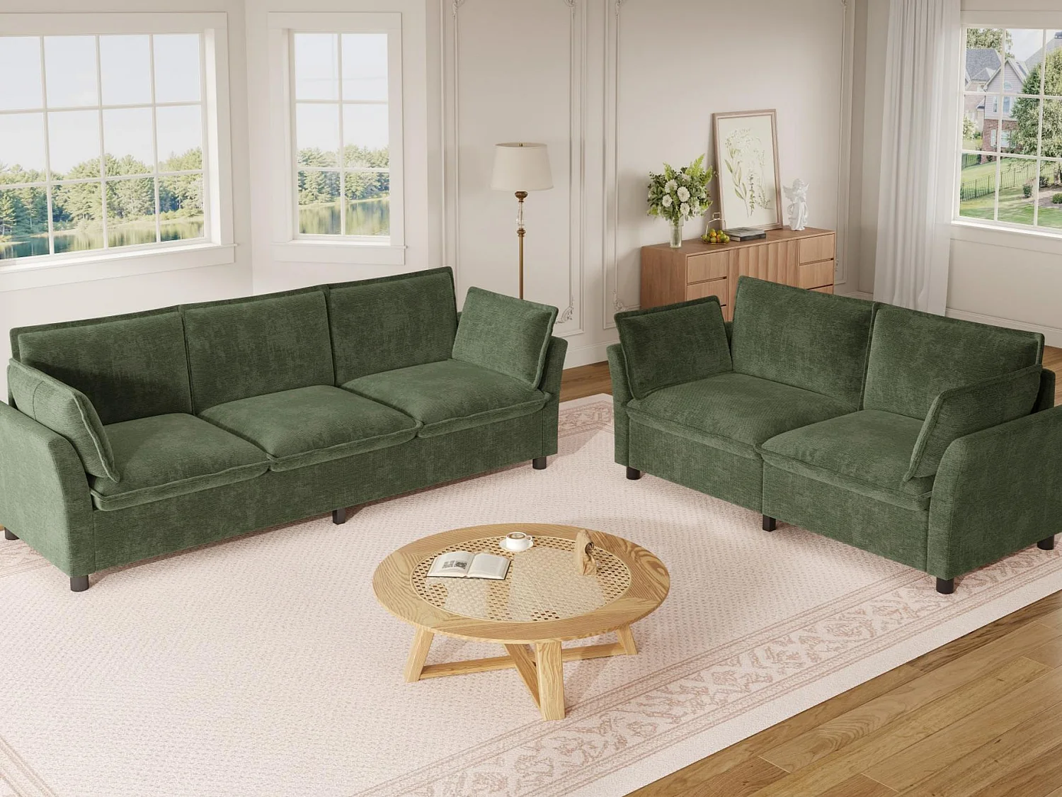 Ensemble Canapé 3+2 Modulaire "Effet Nuage" en Tissu Chenille, Canapé 3 Places et 2 Places Ergonomique, Style Moderne - Vert