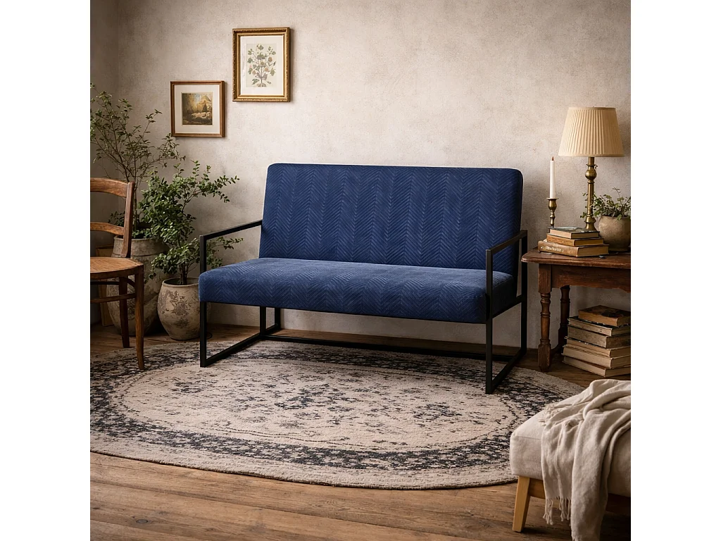 London Blue Velvet 2 Seater Sofa Matt Black Metal Legs